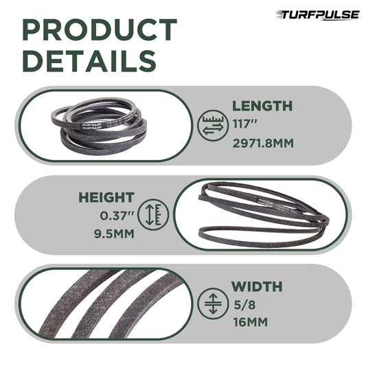 TURFPULSE Lawn Mower Deck Belt TCU13195 for John Deere 737 757 Mid-Mount ZTrak Serial Replacement Part Accessories, 5/8 Inch x 117 Inch