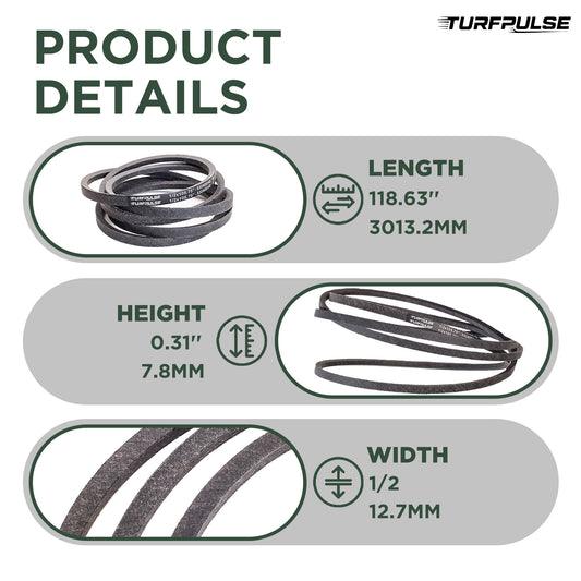 TURFPULSE Lawn Mower Deck Belt Replace GX25628 for John Deere Z335E Zero-Turn Mower with 42" Deck Replacement Part Accessories, 1/2 Inch x 118.63 Inch