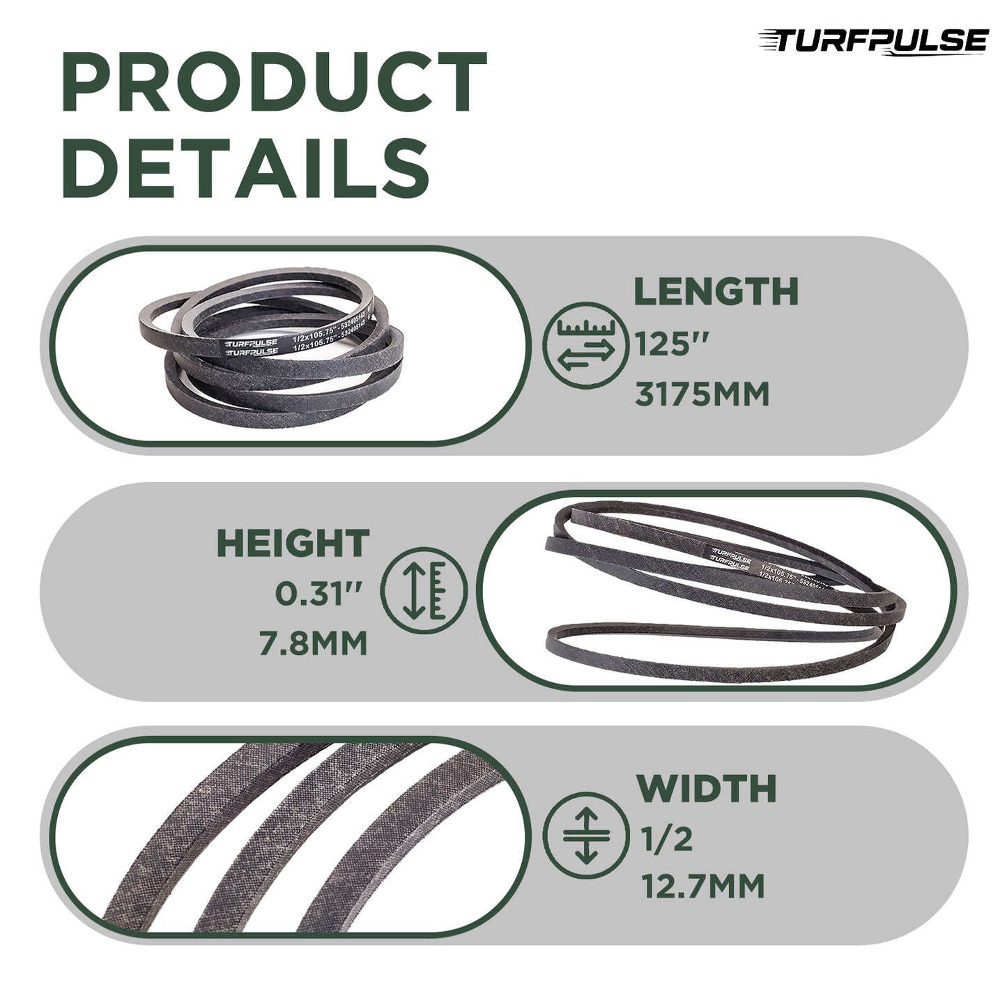 TURFPULSE Lawn Mower Deck Belt Replace 954-04325 754-04325 for Cub Cadet RZT46 RZT-S46 RZT-L46 Lawn Mower with 46" Deck Replacement Part Accessories, 1/2 Inch x 125 Inch