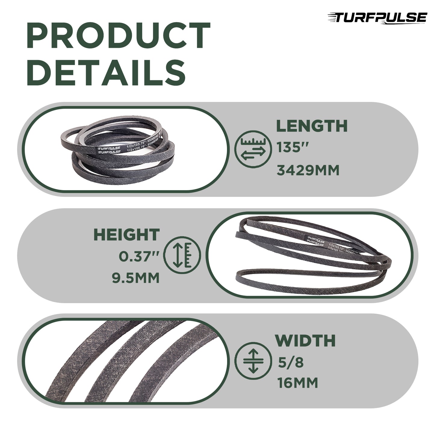 TURFPULSE Lawn Mower Deck Belt 954-04319 754-04319 for MTD Cub Cadet Tank LZ-60 S-60KH L60 SZ60 Mower with 60" Deck Replacement Part Accessories, 5/8 Inch x 135 Inch