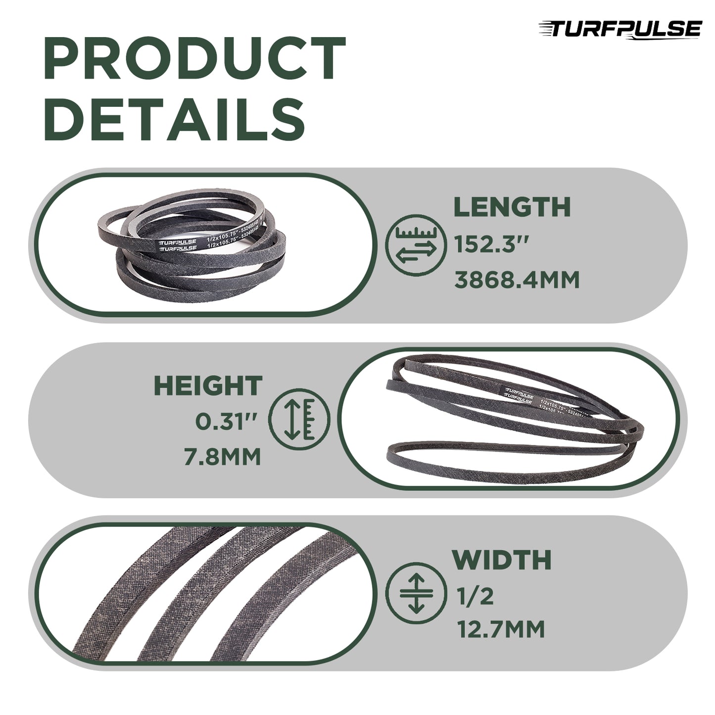 TURFPULSE Lawn Mower Deck Belt M158131 for John Deere Z425 Z445 Z435 EZtrak Zero-Turn Mowers with 48" 54" Decks Replacement Part Accessories, 1/2 Inch x 152.3 Inch