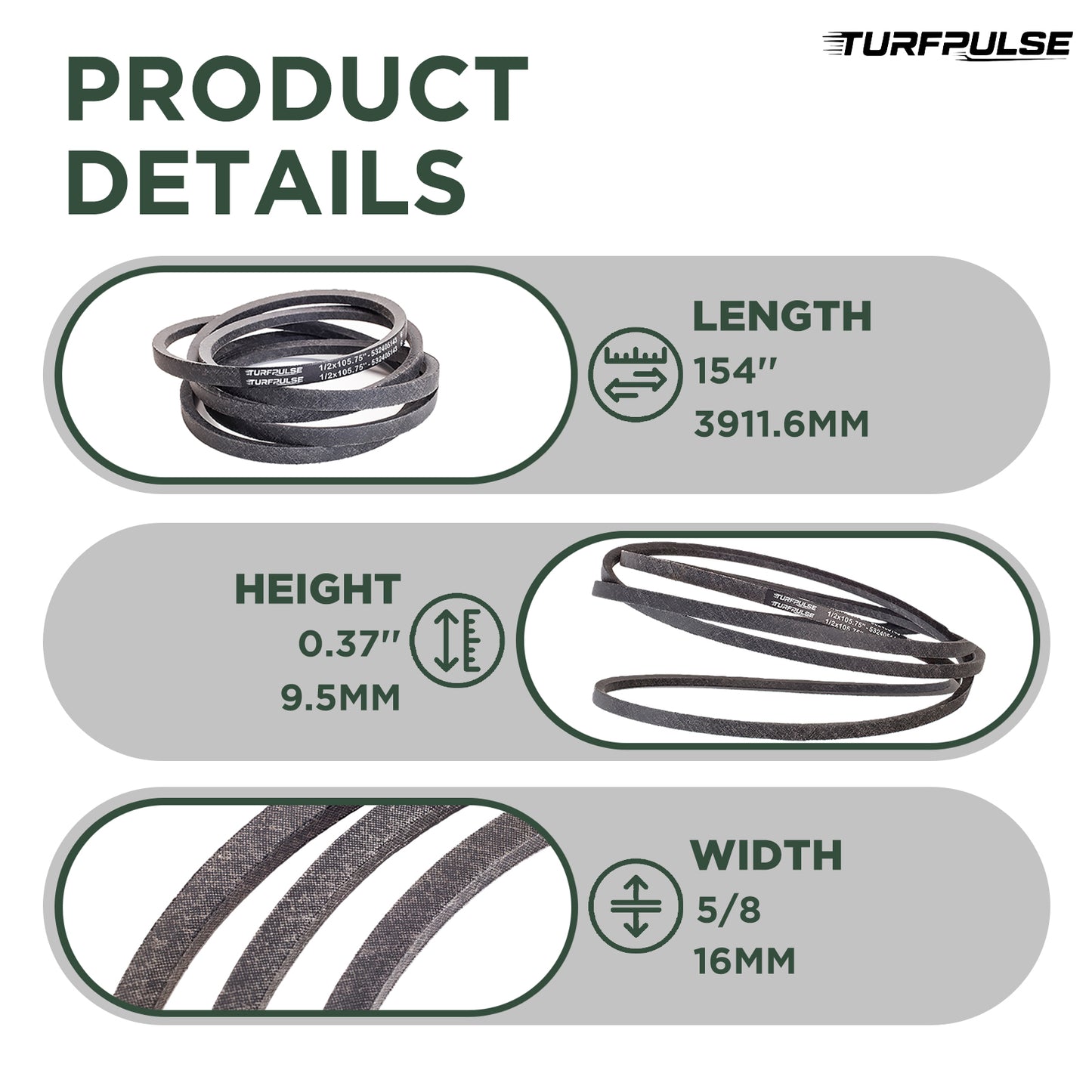 TURFPULSE Lawn Mower Deck Belt Replace 539114557 for Husqvarna LSZ4622 LSZ5422 LSZ5424 RZ4219 RZ4619 Replacement Part Accessories, 5/8 Inch x 154 Inch