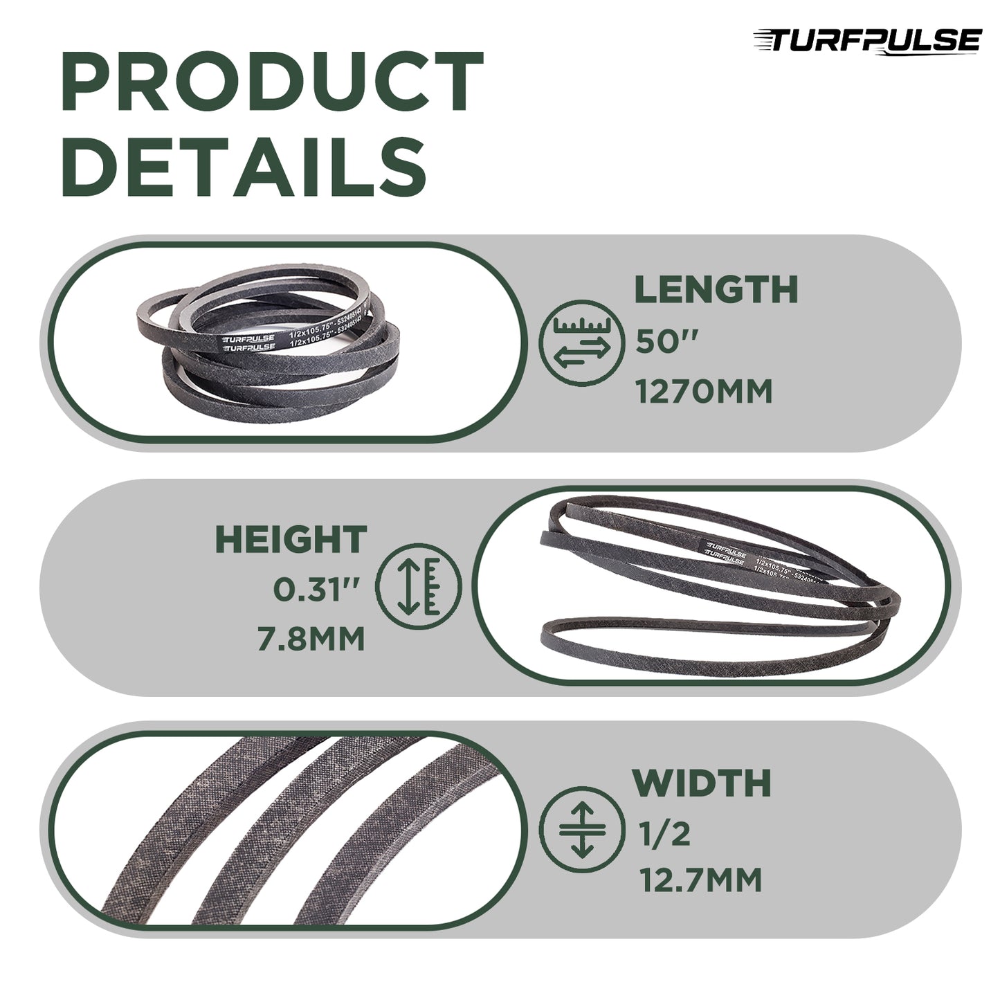 TURFPULSE Lawn Mower Drive Belt Replace PT8676 for John Deere 32" 36" 48" Commercial Walk-Behind Mower Replacement Part Accessories, 1/2 Inch x 50 Inch