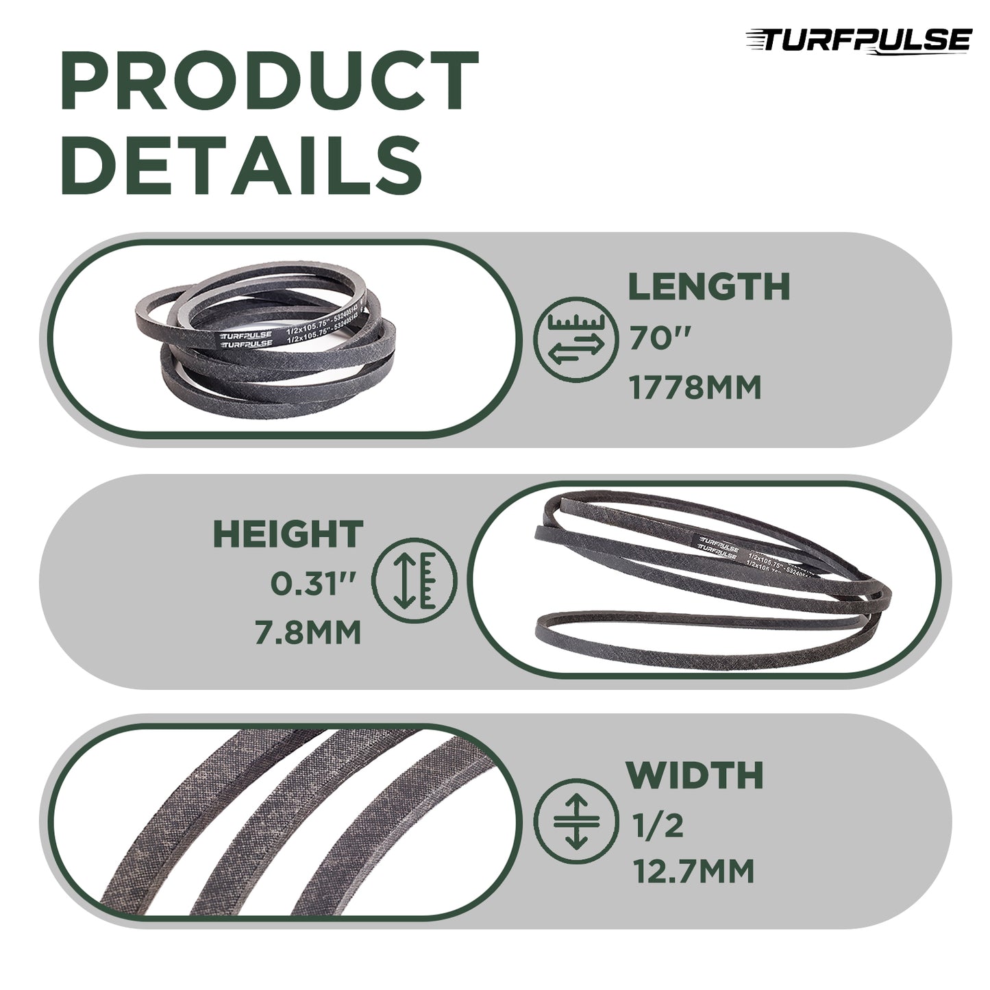 TURFPULSE Lawn Mower Drive Belt Replace 62828 582935501 for AYP Roper Sears Replacement Part Accessories, 1/2 Inch x 70 Inch