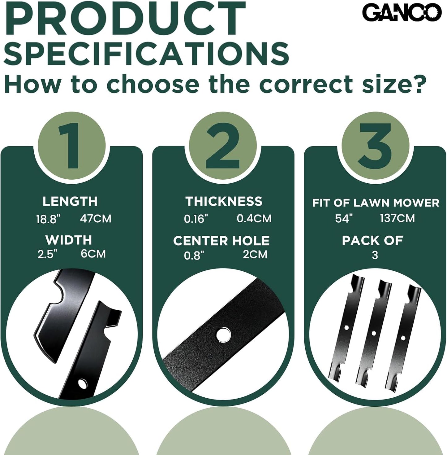 GANCO 115-9650-03 Mulching Blades for Toro Timecutter 54 Inch Mower ZX5400 ZX5420 ZX5450 Replace 115-4999 115-4999-03 115-2454-03 (Pack of 3 Lawn Mower Blades)