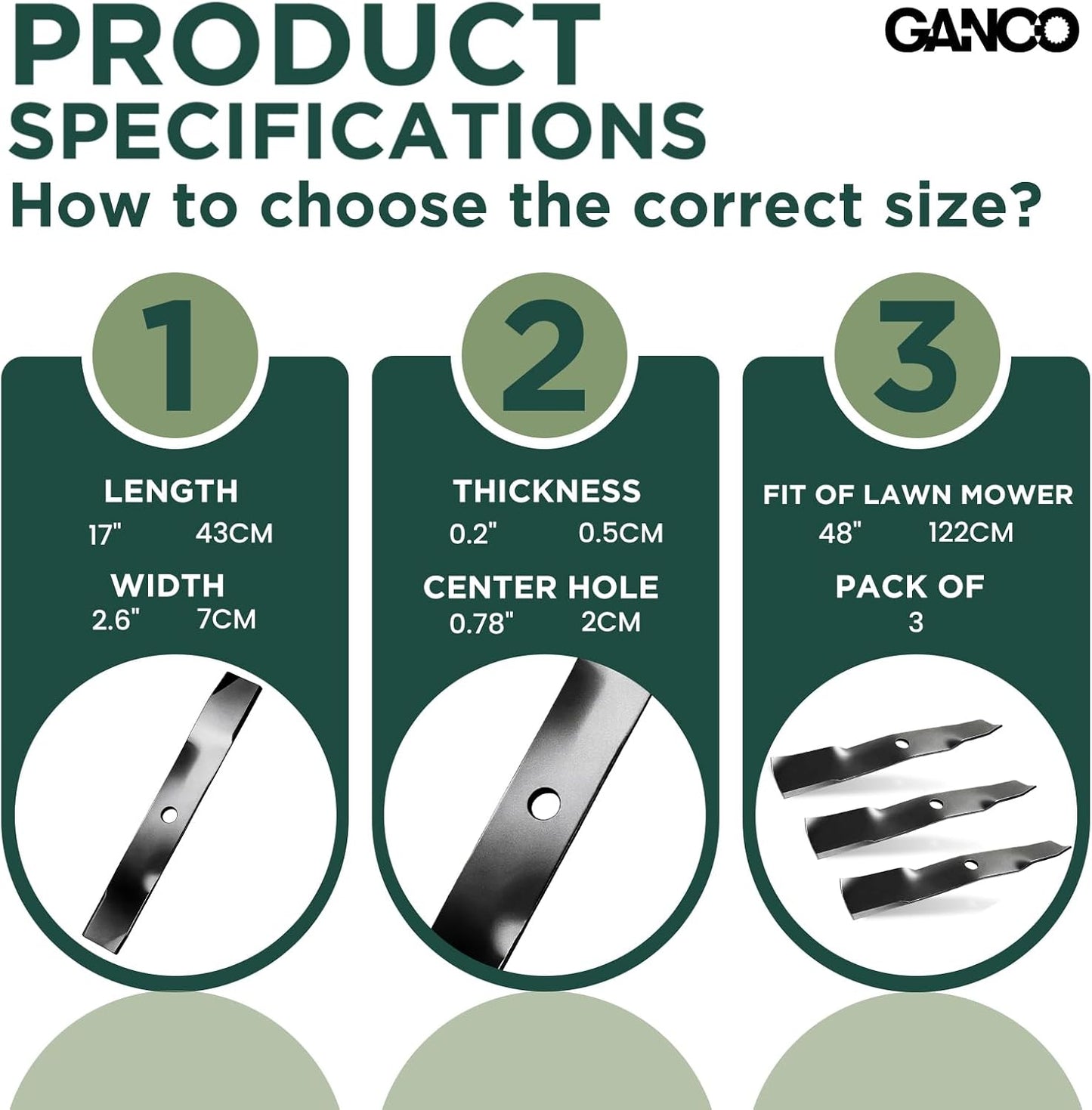 GANCO M145476 Mulching Blades for John Deere 48 Inch Mower GX255, GX325, GX335 Replacement Part Lawn Mower Accessories (Pack of 3 Lawn Mower Blades)