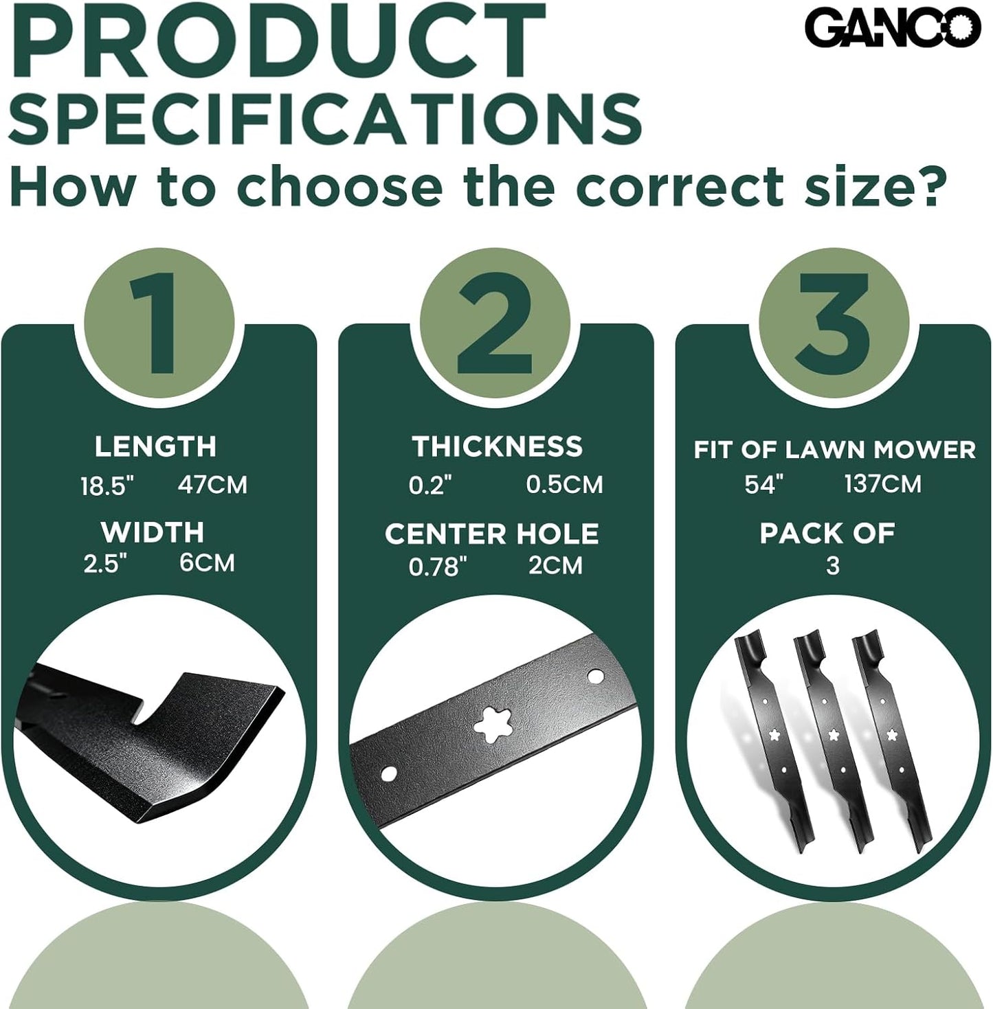 GANCO 187256 Mulching Blades for Husqvarna 54 Inch Mower Z254 YTH2454 Craftsman Poulan Replacement Part 532187256 539112053 187254 (Pack of 3 Lawn Mower Blades)