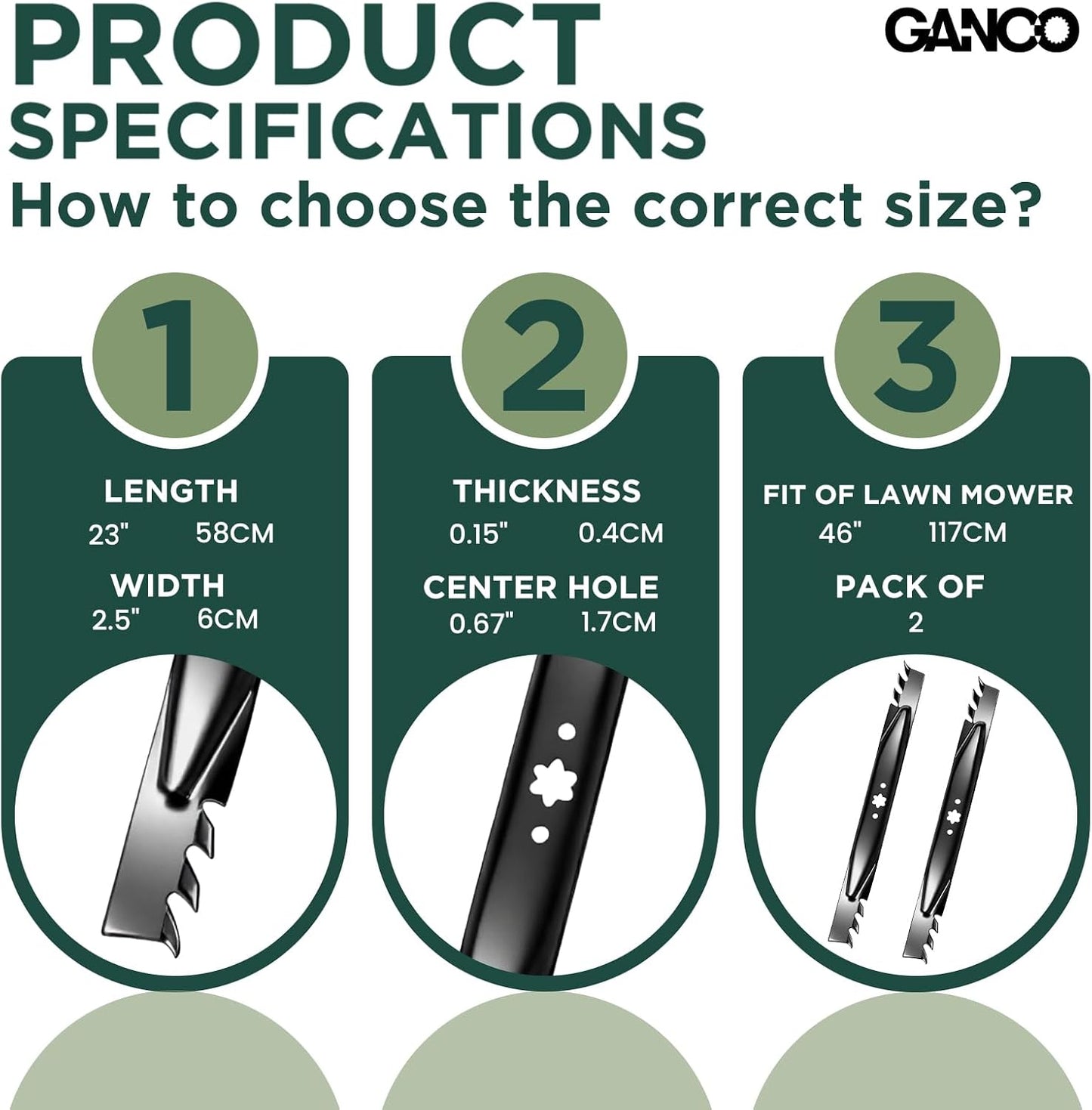 GANCO 942-04244A Mower Blades for Cub Cadet 46 Inch Mower XT1 LT46 LTX Replacement Part Accessories Replace 742-04290 742-04290A 942-04290 (Pack of 2 Lawn Mower Toothed Blades)