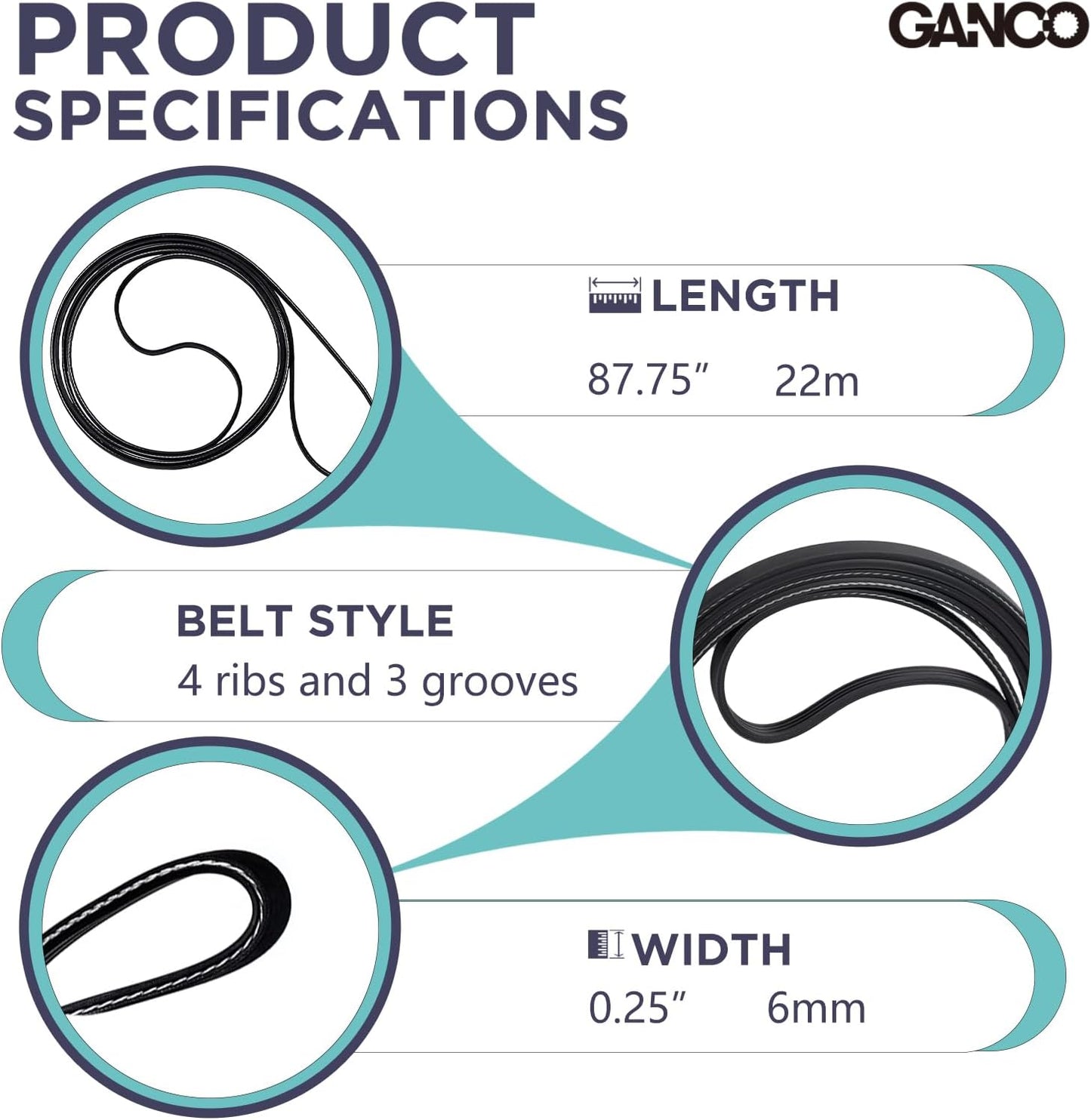GANCO 134503600 Dryer Drum Belt 1/4 inch x 87.75 inch Belt Replace Accessories for GE Frigidaire Kenmore Hotpoint