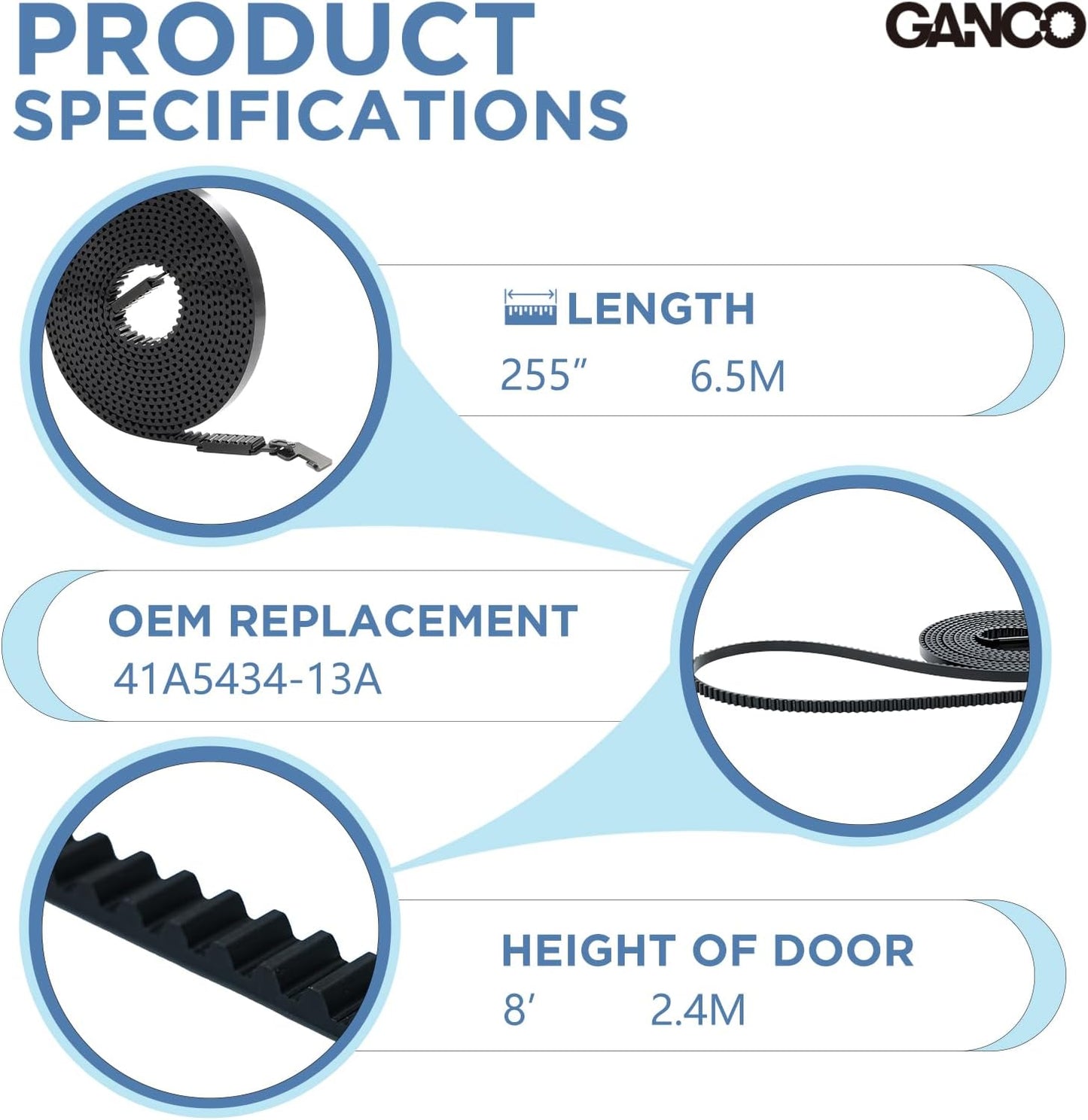 GANCO 41A5434-13A Garage Door Opener 255" Drive Belt Replacement Part for 8ft High Garage Doors Compatible with Chamberlain Liftmaster Sentex Wisper