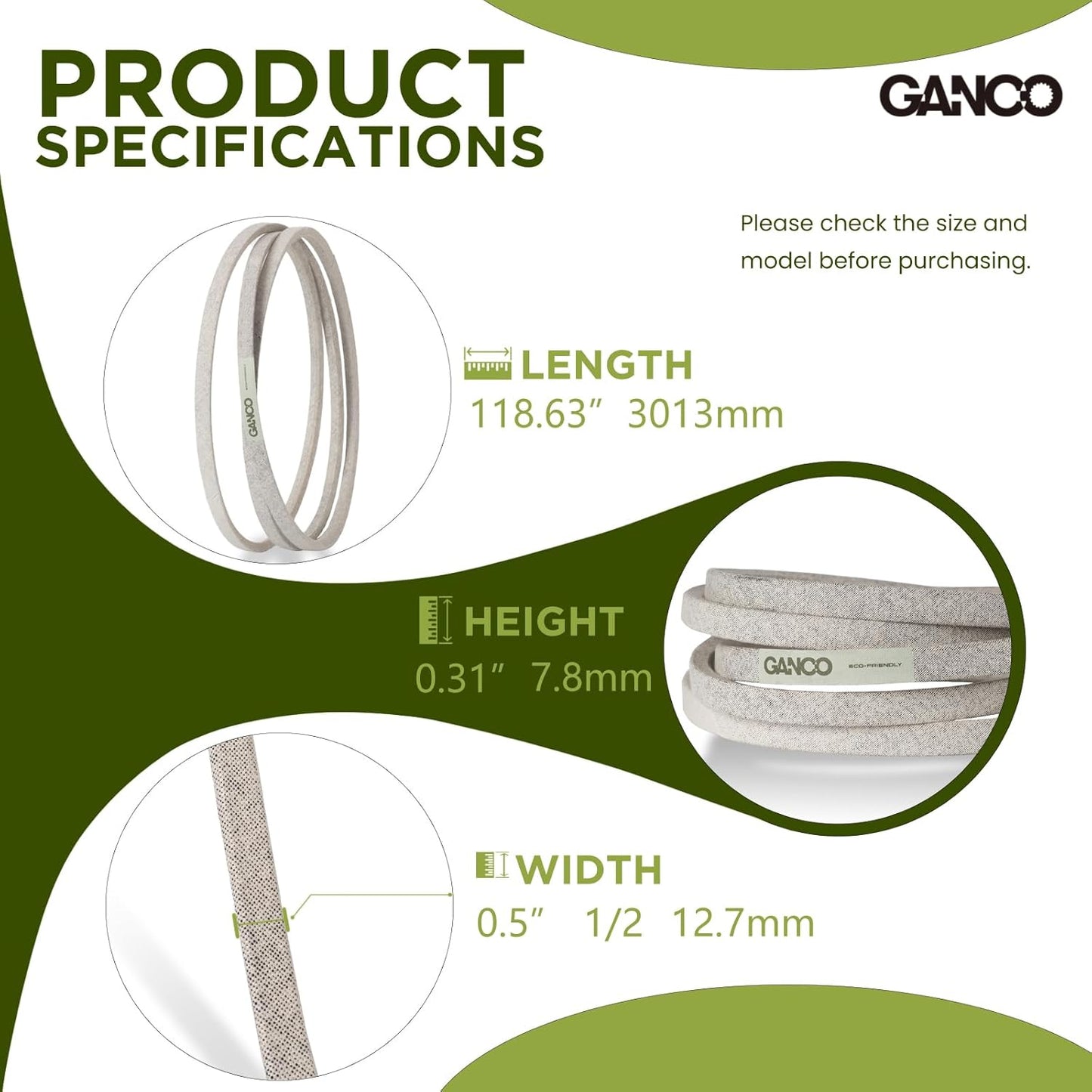 GANCO GX25628 Lawn Mower Deck Belt for John Deere Z335E Zero-Turn Mower Accessories 42" Deck Replacement Part, 1/2 Inch x 118 5/8 Inch Mower Belt