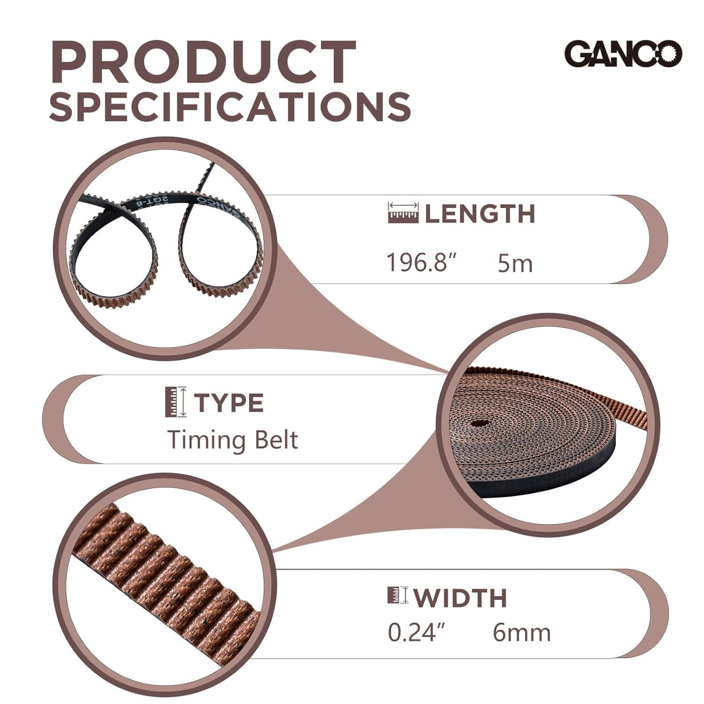 GANCO 5M GT2 Timing Belt 6mm Width 3D Printer Belt Replacement Part Compatible with Creality Ender 3 5 Pro Ender 5 CR-10 Serial 10S Anycubic Kobra Max Anet A8 CNC