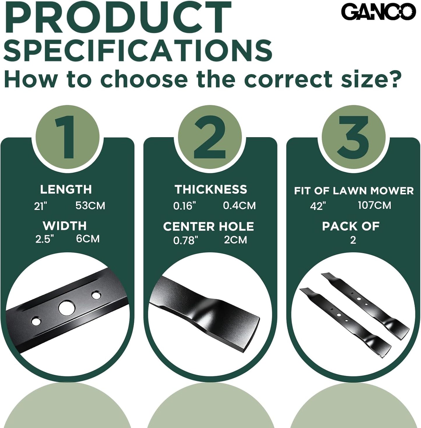 GANCO GX20249 Mulching Blades for John Deere 42 Inch Mower L110 L118 Replacement Parts Mower Accessories (Pack of 2 Lawn Mower Blades)