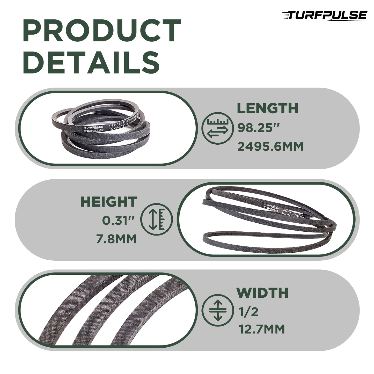 TURFPULSE Lawn Mower Drive Belt Replace GX24154 for John Deere D150 Replacement Part Accessories, 1/2 Inch x 98.25 Inch